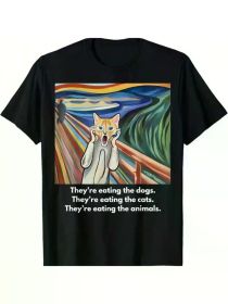 The Scream Graphic Cotton T-Shirt - "They're Eating The Dogs, They're Eating The Cats" Design, Comfortable Crew Neck Short Sleeve Top (Color: Black, size: XL)
