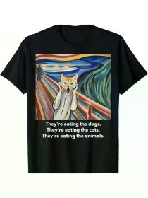 The Scream Graphic Cotton T-Shirt - "They're Eating The Dogs, They're Eating The Cats" Design, Comfortable Crew Neck Short Sleeve Top (Color: Black, size: XXL)