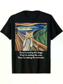 The Scream Graphic Cotton T-Shirt - "They're Eating The Dogs, They're Eating The Cats" Design, Comfortable Crew Neck Short Sleeve Top (Color: Black, size: XXXL)