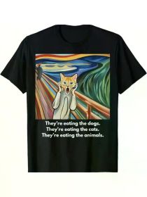 The Scream Graphic Cotton T-Shirt - "They're Eating The Dogs, They're Eating The Cats" Design, Comfortable Crew Neck Short Sleeve Top (Color: Black, size: S)