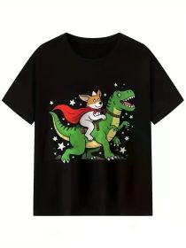 Men's Adventure Cartoon Print T-Shirt - Short Sleeve, Round Neck, 100% Cotton, Black with Superhero Dog (Color: Black, size: L)