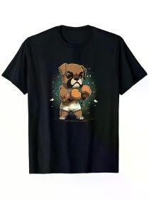 Men's Funny Boxing Dog Graphic T-Shirt - Soft, Breathable 100% Cotton Casual Street Style Tee with Cartoon Bulldog Design, (Color: Black, size: XL)